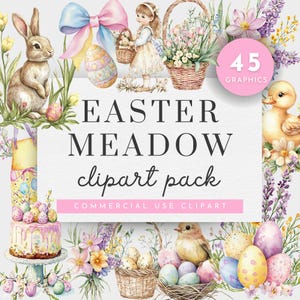 Paquete de imágenes prediseñadas de Pascua en acuarela, imágenes prediseñadas de Pascua grandmillennial, imágenes prediseñadas de escena de Pascua para uso comercial, conejito de cordero, huevo, imágenes prediseñadas de dulces de Pascua