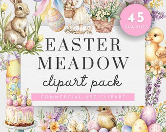 Watercolor Easter Clipart Pack, Grandmillennial Easter png, Easter Scene Clipart for Commercial Use, Bunny Lamb, Egg, Easter Candy Clipart