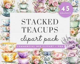 Stacked Teacups Clipart, Stacked Teacups Png, Floral Teacup Clipart, Floral Teacup Png, Chinoiserie Tea Party Clipart, Floral Tea Party Png