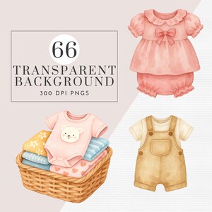以下が含まれることがあります： 水彩画のベビー服のイラスト。ピンクのリボン付きドレス、クマの顔のピンクのボディスーツ、ベージュのオーバーオールが含まれています。柳のバスケットには折り畳まれた毛布が入っています。「66 Transparent Background 300 DPI PNGs」というテキストが含まれています。
