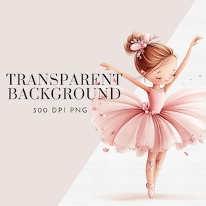 May include: A digital illustration of a ballerina with brown hair wearing a pink tutu and pink ballet shoes. She is dancing with her arms outstretched and pink flower petals are falling around her.