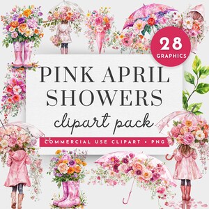 Clipart april douches, aquarel bloemen clipart zacht roze en pastel bloemen png, roze paraplu clipart, schattig klein meisje png