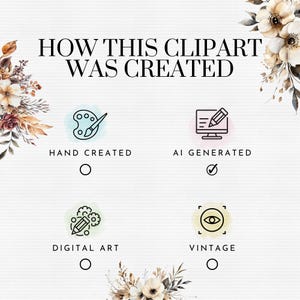 May include: A graphic with the text "HOW THIS CLIPART WAS CREATED" and four icons: hand created, AI generated, digital art, and vintage. The AI generated icon is checked. Floral accents frame the text and icons.
