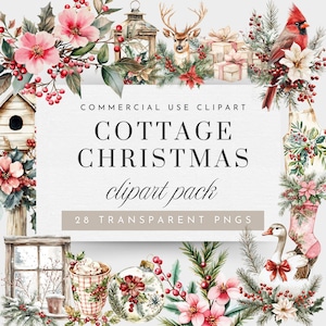 Cottage Christmas Clipart, Christmas Floral Clipart for Commercial Use, Watercolor Holiday ClipArt, Winter Greenery, Pink Floral Clipart
