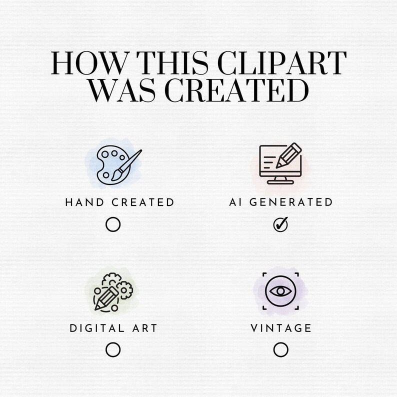 May include: A graphic with four icons representing different ways to create clipart. The first icon is a paintbrush and palette, representing hand-created art. The second icon is a computer screen with a pencil, representing AI-generated art. The third icon is a pencil and gears, representing digital art. The fourth icon is an eye inside a square, representing vintage art. The text "HOW THIS CLIPART WAS CREATED" is at the top of the graphic. Tick marks and circles indicate which method was used to create the clipart.