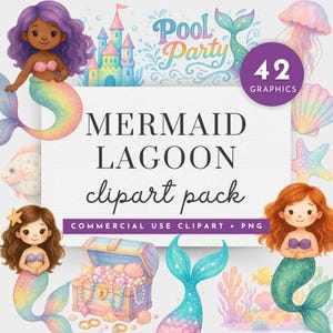 Watercolor Cute Mermaid,Under The Sea Ocean Animals Clipart,Pastel Mermaid ClipartMermaid Tail Clipart, Mermaid Invite Png, Mermaid Clipart,