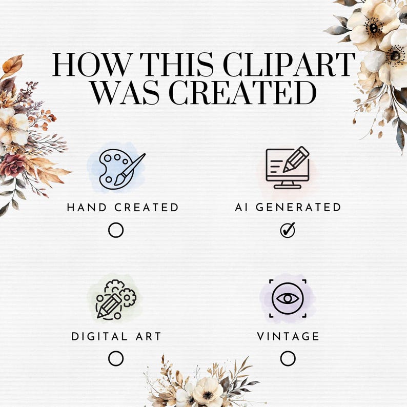 May include: A graphic with the text "HOW THIS CLIPART WAS CREATED" and four icons with checkboxes. The icons represent hand-drawn, AI generated, digital art, and vintage. The checkbox next to the AI generated icon is checked.
