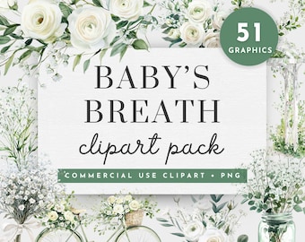 May include: A set of 51 watercolor clipart graphics featuring white baby's breath flowers, greenery, and floral arrangements. The graphics are perfect for creating invitations, cards, and other paper crafts.