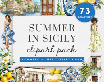May include: A watercolor clipart pack titled "Summer in Sicily" featuring illustrations of Sicilian architecture, lemons, dresses, and decorative elements. The pack includes 73 graphics for commercial use in PNG format.