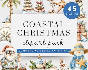 Puede incluir: Paquete de imágenes prediseñadas de acuarela con temática navideña costera. La imagen presenta varias ilustraciones, incluyendo un Papá Noel con camisa hawaiana, muñecos de nieve, un faro y conchas marinas. El texto en la imagen dice "Coastal Christmas clipart pack".