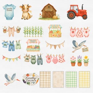 以下が含まれることがあります： 水彩イラスト。赤いトラクター、"Farmers Market"の文字が入った納屋、ベビー服、牛、"Locally Grown"の看板を持ったコウノトリなど、農場をテーマにした要素が含まれています。市場の屋台やガーランドも含まれています。