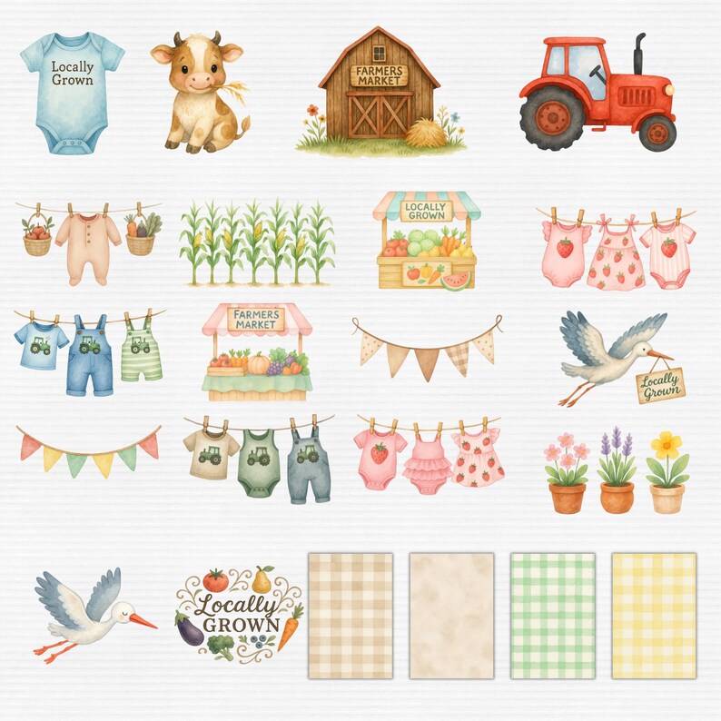 以下が含まれることがあります： 水彩イラスト。赤いトラクター、"Farmers Market"の文字が入った納屋、ベビー服、牛、"Locally Grown"の看板を持ったコウノトリなど、農場をテーマにした要素が含まれています。市場の屋台やガーランドも含まれています。