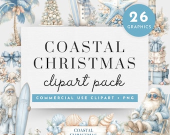 Coastal Christmas Snowman Clipart, Coastal Christmas Clipart, Seashell And Christmas Watercolor Clipart, Beach Chair Umbrella Clip Art