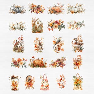 May include: A collection of 16 digital clipart images featuring autumnal themes. The images include pumpkins, gourds, leaves, birds, houses, and other fall-themed elements. The images are in a watercolour style and are perfect for use in digital scrapbooking, card making, and other craft projects.