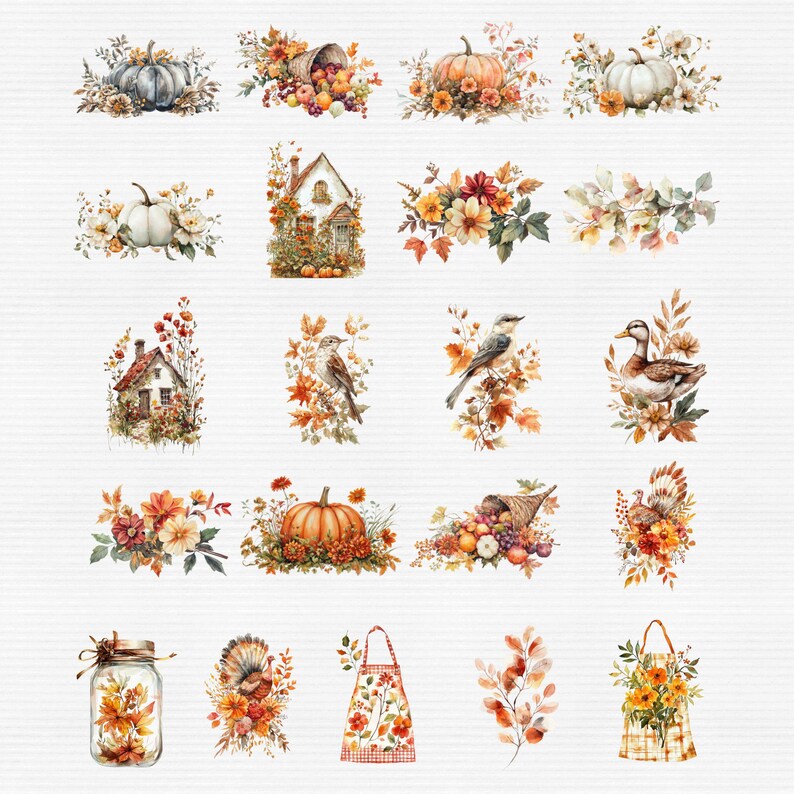 May include: A collection of 16 digital clipart images featuring autumnal themes. The images include pumpkins, gourds, leaves, birds, houses, and other fall-themed elements. The images are in a watercolour style and are perfect for use in digital scrapbooking, card making, and other craft projects.
