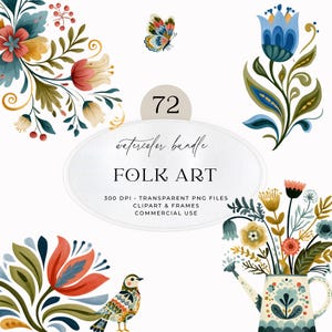 Könnte beinhalten: Ein Aquarell-Bundle mit dem Titel "FOLK ART" mit floralen Designs, einem Schmetterling und einem Vogel. Das Bild enthält den Text "72" und Details zum Dateityp und zur kommerziellen Nutzung.