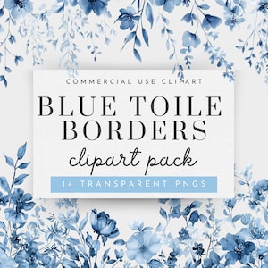 Toile Border Clipart, Chinoiserie Clipart, Blau Toile Clipart für kommerzielle Nutzung, Französischer Blauer Rahmen Clipart, Grandmillennial Clipart