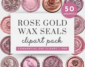 Clipart de sello de lacre, Kit de sello de lacre con escudo de boda PNG, Clipart de sello de lacre de oro rosa, Clipart de sello de lacre de boda floral para uso comercial