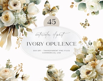 Akvarell clipart-paket med elfenbensfärgade överdådigheter, 45 elfenbensfärgade och guldfärgade blommor i PNG-format, eleganta bröllopsblommor, grafik för bruddusch, varumärkeselement