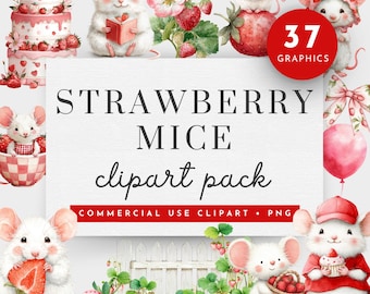 Strawberry Mouse Clipart, Mouse And Strawberry Clipart, Strawberry Baby Shower Clipart, Watercolor Woodland Portraits Clipart