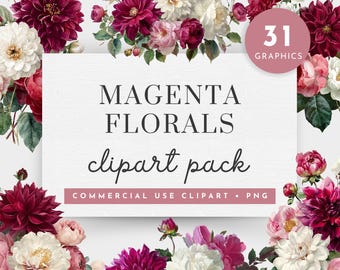 Magenta Pink Dahlia Flower Clipart, Fall Pink Red Wedding Invitation Clipart, Watercolor Peony Clipart, Bright Pink Bridal Bouquet Png