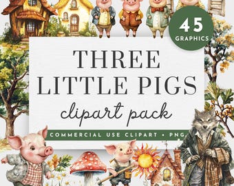 Three Little Pigs Clip Art, Three Little Pigs Digital Download, Watercolor Nursery Rhyme Clipart, Nursery Rhyme PNG, 3 Little Pigs Clip Art