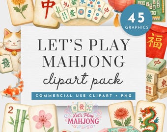 May include: A collection of watercolor-style Mahjong clipart. The image features various tiles, dice, a red lantern, and a lucky cat. Text includes "Let's Play Mahjong" and "45 Graphics". The clipart pack is for commercial use.