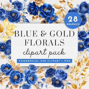 Clipart koningsblauwe en gouden rozen, clipart koningsblauwe rozen, blauw gouden bruiloft uitnodiging bloemen clipart, clipart gouden en blauwe bloem,