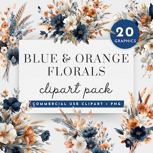 Może przedstawiać: Cyfrowy pakiet clipart z akwarelowymi aranżacjami kwiatowymi w odcieniach niebieskiego, pomarańczowego i białego. Tekst brzmi "BLUE & ORANGE FLORALS clipart pack" z "20 GRAPHICS" w okręgu. Zawiera "COMMERCIAL USE CLIPART • PNG".