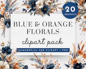 Burnt Orange & Dusty Blue PNG, Watercolor Burnt Orange and Navy Boho grass clipart, Navy Blue And Burnt Orange Wedding Invitation Clipart