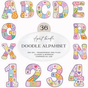 Klotteralfabetet, Faux Patchwork-alfabetet PNG Clipart-paket, 36 pastellfärgade lapptäckebokstäver siffror Alfa, Preppy-alfabetet