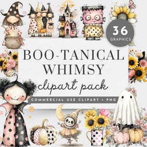 May include: A digital clipart pack titled "BOO-TANICAL WHIMSY" featuring whimsical watercolour illustrations of Halloween-themed characters, pumpkins, sunflowers, and a haunted house. The pack includes 36 graphics for commercial use.