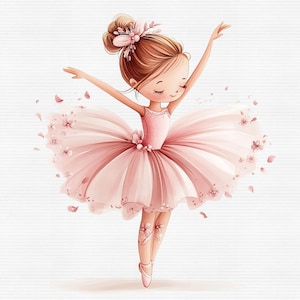 May include: A young ballerina with brown hair and a pink tutu is dancing with pink flower petals around her.