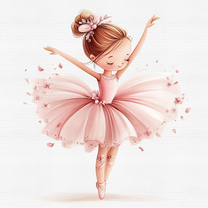May include: A young ballerina with brown hair and a pink tutu is dancing with pink flower petals around her.