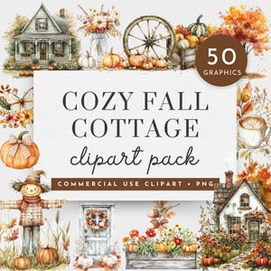 Cozy Fall Cottage Clipart, Watercolor Cozy Autumn Clipart, Pumpkins and Flowers Watercolor Autumn Clipart, Autumn Floral Clipart,Pumpkin PNG