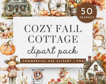 Clipart de casa de campo aconchegante de outono, Clipart de outono aconchegante em aquarela, Clipart de abóboras e flores em aquarela de outono, Clipart floral de outono, Abóbora PNG