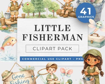 Fishing Tackle Watercolor Clipart, Fishing Baby Shower Clipart, Little Boy Fishing Clipart, Fishing Net Clipart, Little Fisherman Clipart