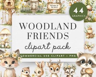 Watercolor Woodland Story Clipart, Cute Woodland Png, Woodland Friends Clipart, Woodland Baby Shower PNG, Enchanted Forest Animals Clipart