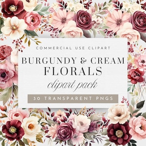 Burgunder Rosen Clipart, Burgunder und Creme Blumen Clipart für kommerzielle Nutzung, Hochzeit Blumen Clipart Pastell Rosen Png, Stimmungsvolle Blumen Clipart
