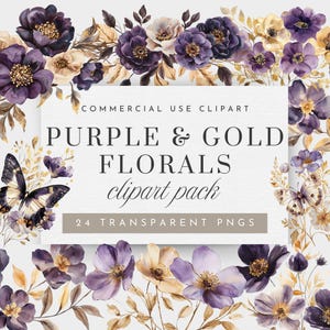 Dunkel lila Blumen Clipart, lila und Gold Blumen für kommerzielle Nutzung, lila Gold Blumen Arrangement Clipart, stimmungsvolle Blumen Clipart, PNG