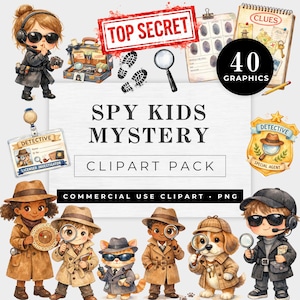 May include: A digital clipart pack titled "Spy Kids Mystery" featuring illustrations of cartoon detectives, magnifying glasses, and detective-themed elements. Includes the text "Top Secret", "Clues", and "40 Graphics".