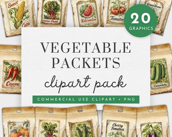 May include: A set of 20 vintage-style clipart images of vegetable seed packets. Each packet features a different vegetable, including sweet corn, Swiss chard, watermelon, tomatoes, cayenne peppers, green beans, cucumbers, pumpkins, beets, zucchini, cherry tomatoes, and eggplant. The images are in a watercolor style and have a rustic, vintage feel.