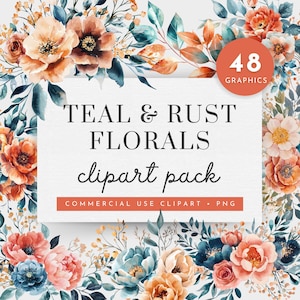 Dark Teal And Rust Wedding Clipart, Teal Roses Clipart, Teal Burnt Orange Floral PNG, Teal and Orange Invitation Border,Teal And Rust Flower