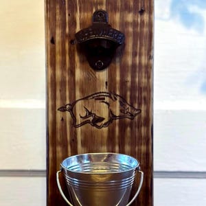 Arkansas Razorbacks Bottle Opener- Stained Wood Block with Wall Mount & Galavanized Metal Bucket