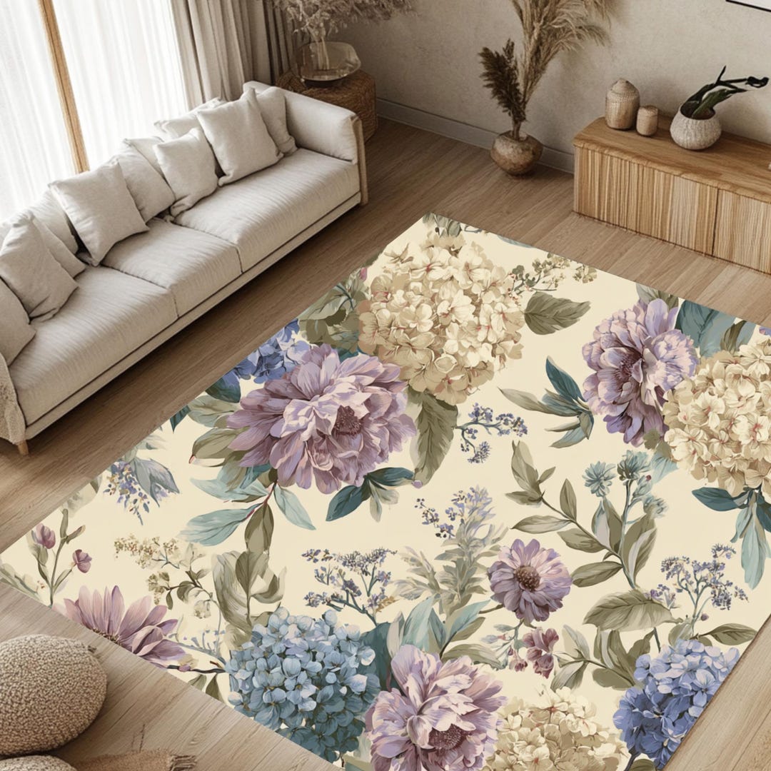 Vintage Floral Area Rug, English Garden Hydrangea Rug, Cottage Peony ...