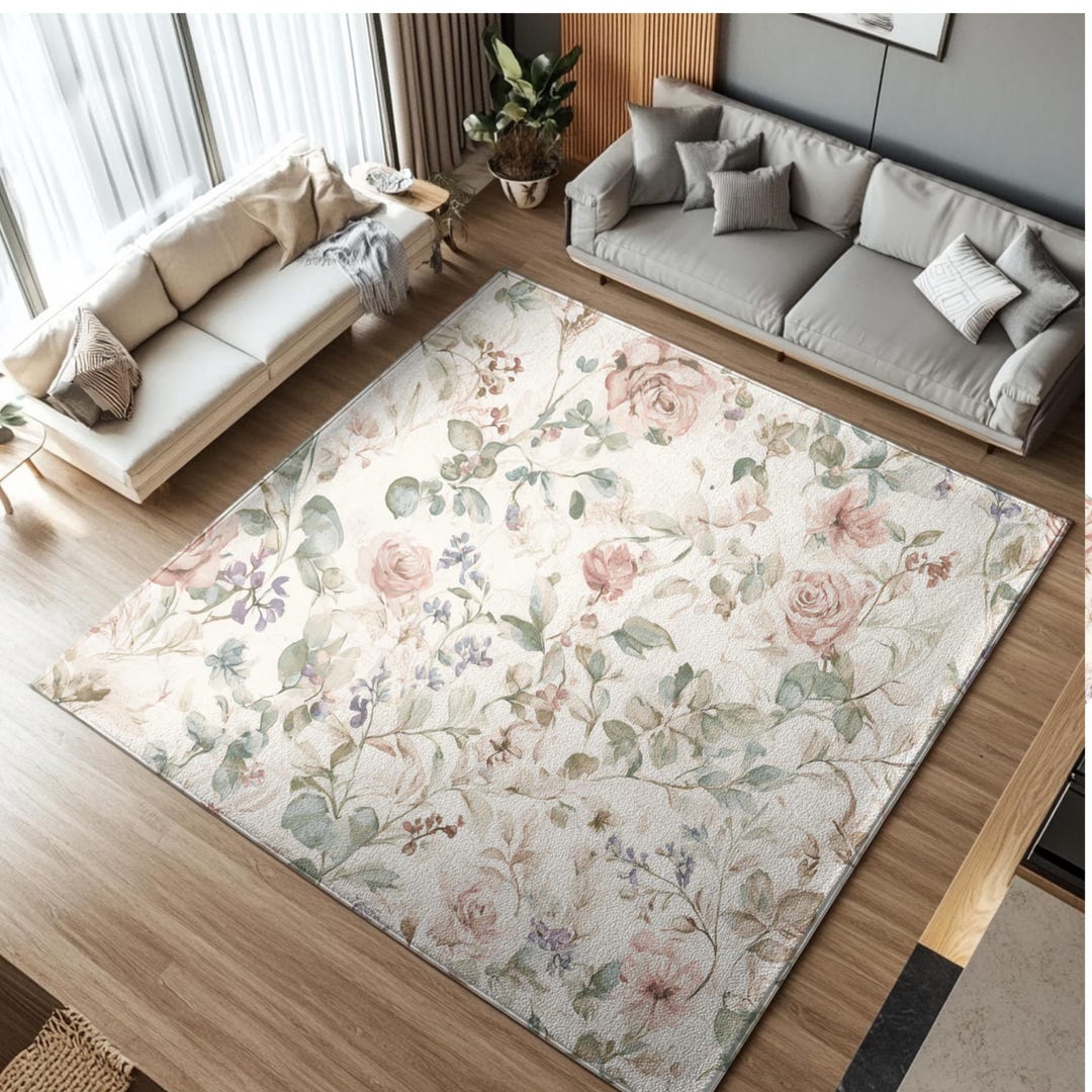 Classic Rose Rug Antique Rose Garden Floral in Blush + Sage, Soft Vintage Botanical Rug ...