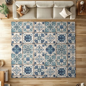 Tappeto patchwork Azulejo / Tappeto con piastrelle blu cobalto e verde acqua / Arredamento mediterraneo portoghese / 4x6 / Pelo corto facile da pulire