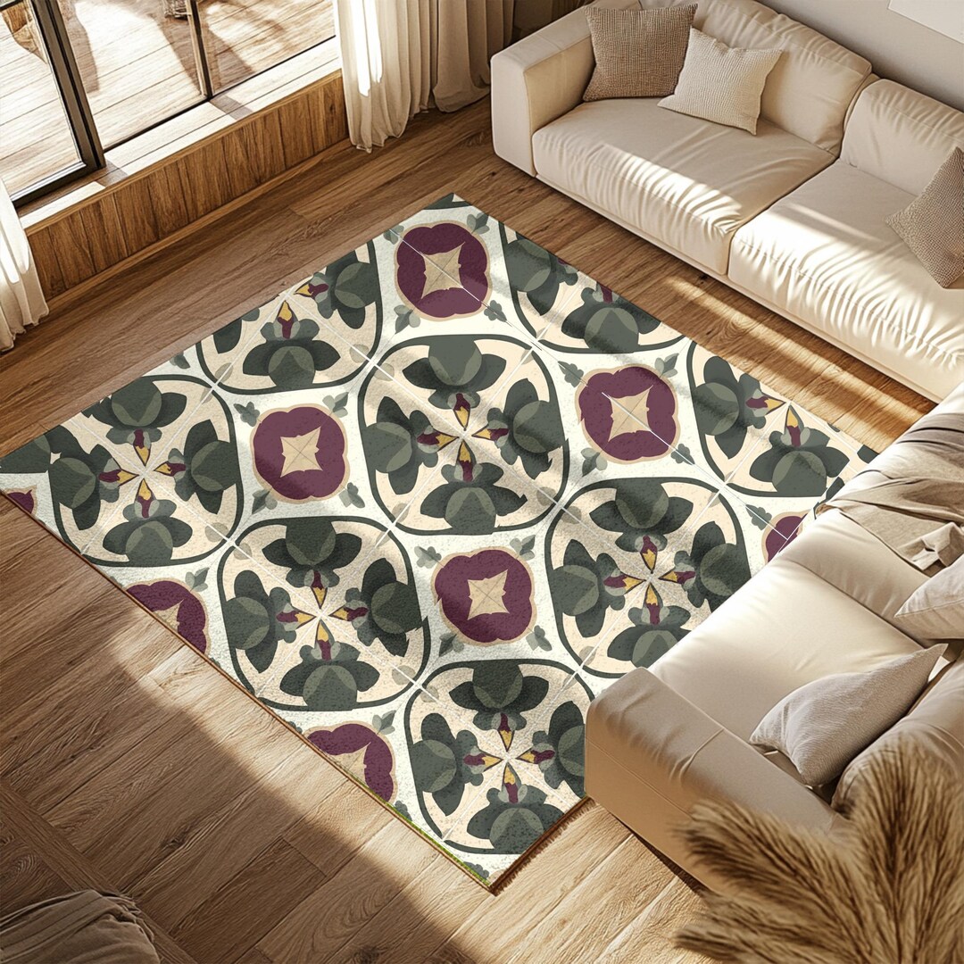 Regency Tile Rug Art Nouveau Area Rug | Victorian Tile Botanical Pattern in Olive ...