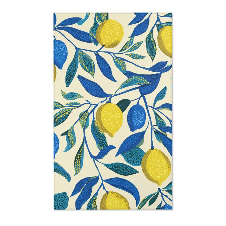 Lemon Print Area Rug | Blue & Yellow Citrus Botanical Rug ...
