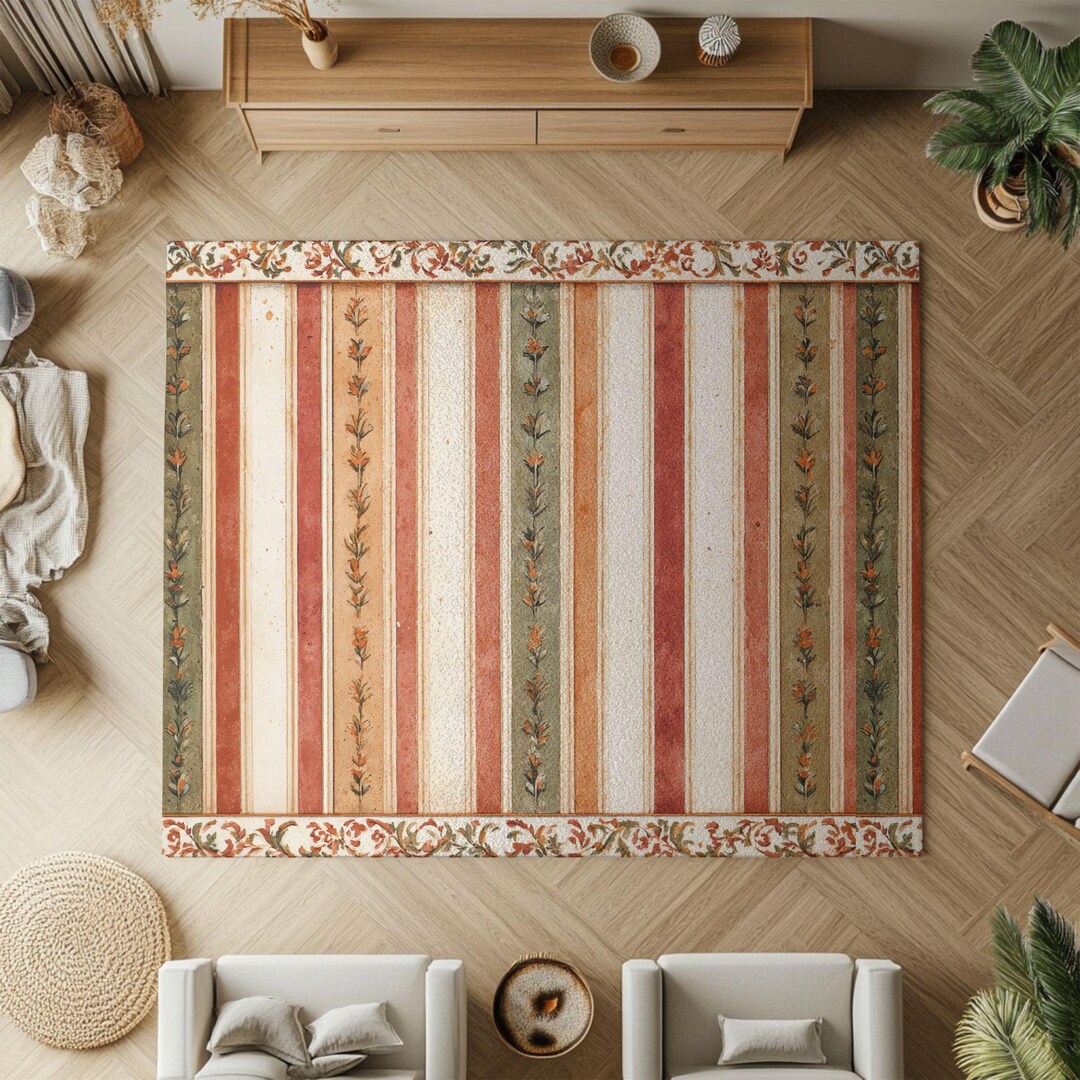 Tuscan Core Rug Terracotta Vine Stripe Rug | Mediterranean Farmhouse Area Rug With ...